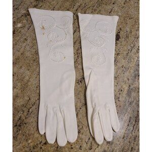 Vintage Size M 7 Stretch Cotton Formal 14" Long Ivory Gloves Scroll Embroided